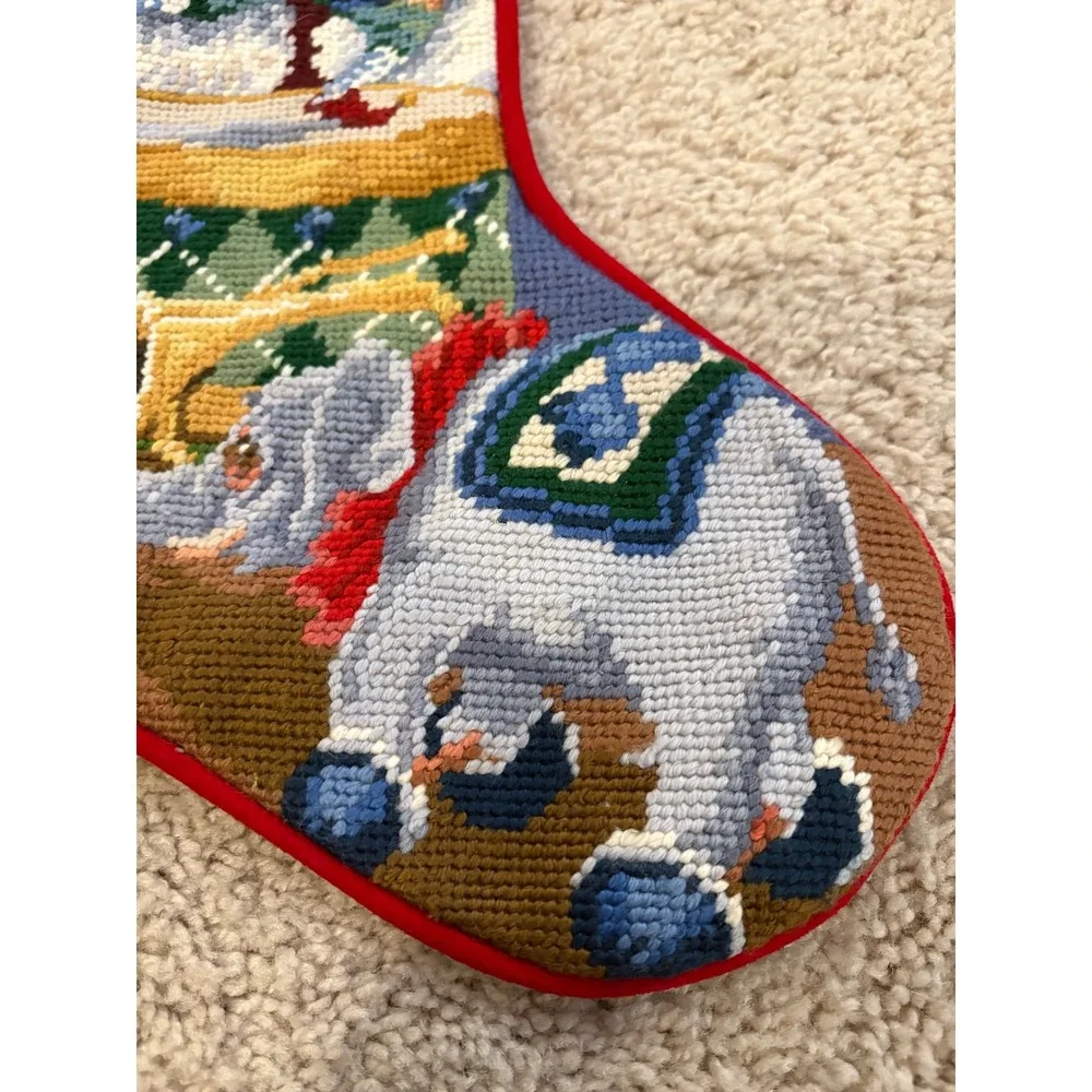 Vintage Santa Claus Christmas Stocking Needlepoint Gift Bag Soft‎ Red Backing